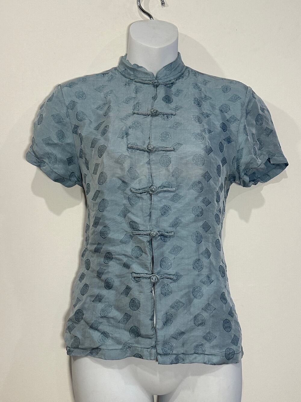 Vintage Cat Ba Slate Blue Silk Jacquard Frog Button Mandarin Collar Top S